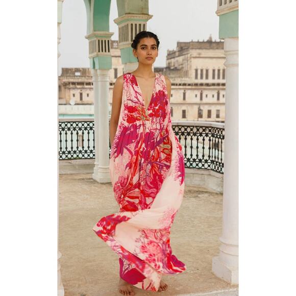 Roopa Pemmaraju The Peela‎ Silk V-Neckline Maxi Gown Dress Multicolor Size Small - Picture 3 of 16